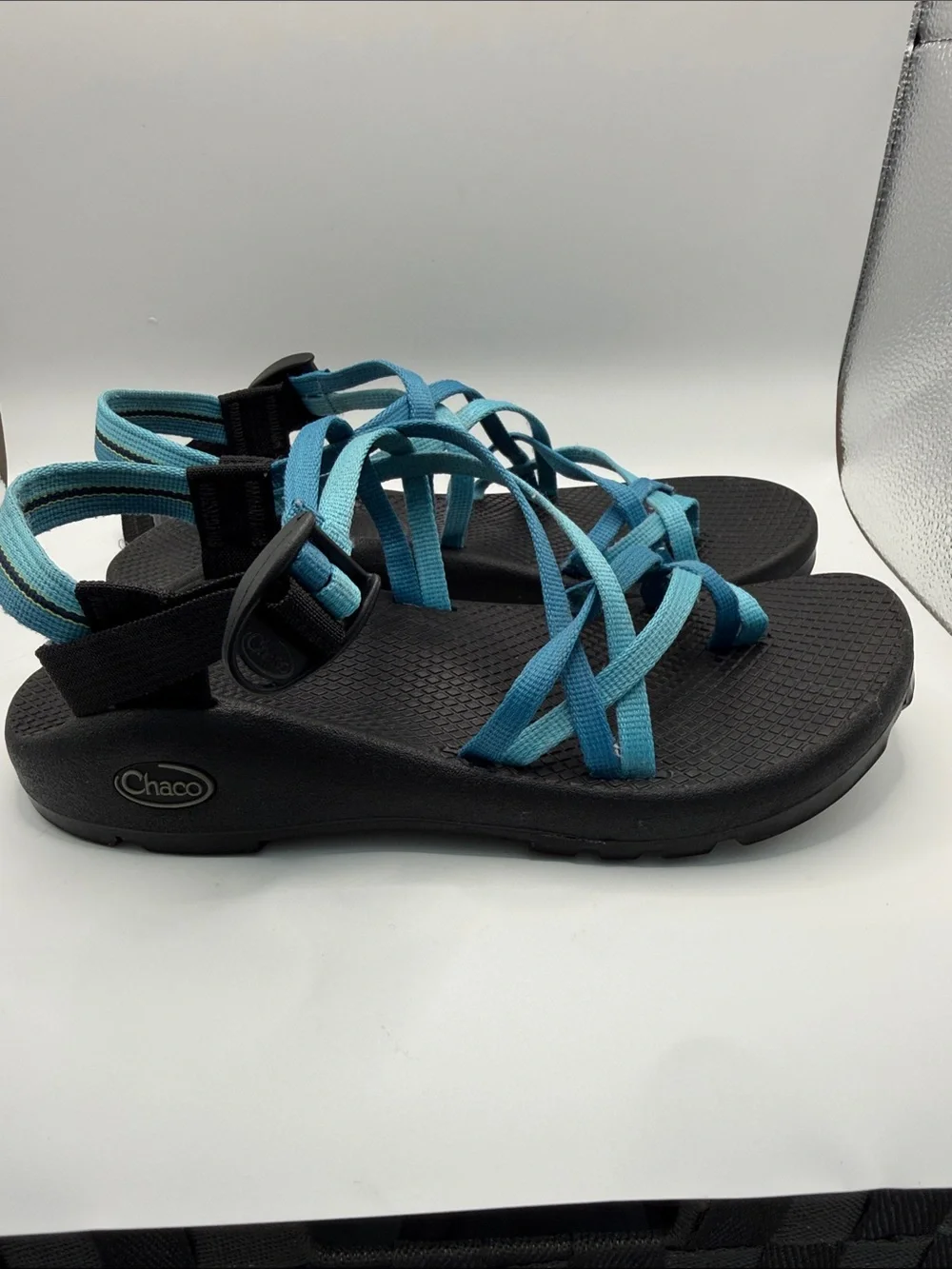 Chaco Women's Black Sandals with Light Blue Straps